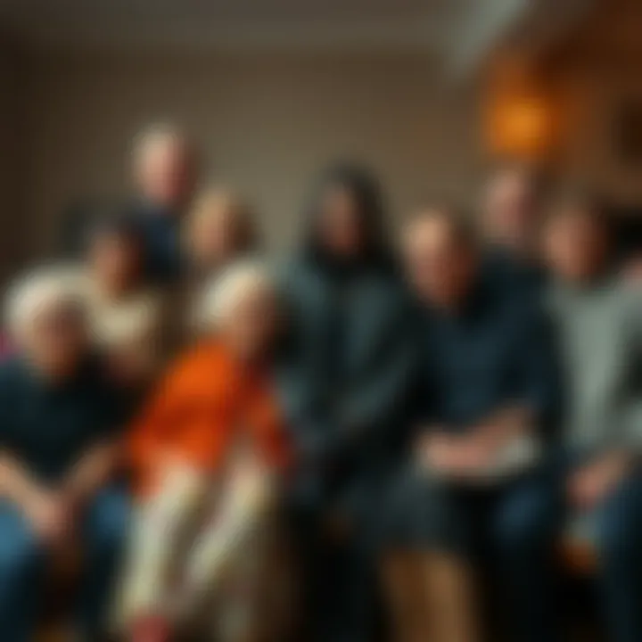 A family photo showing a goth member in dark clothing surrounded by cheerful relatives, including a grandma trying to fit in with a stylish outfit.