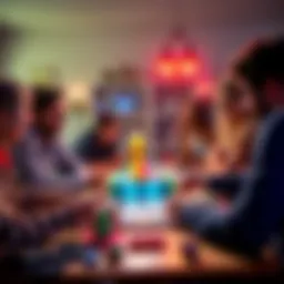 Group of friends enjoying a lively game night around a table filled with board games