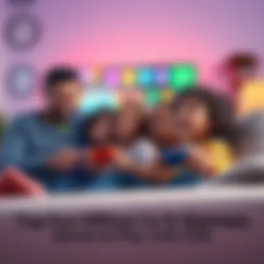 A family of four, including two kids, happily playing a couch co-op video game with a colorful TV screen in the background.