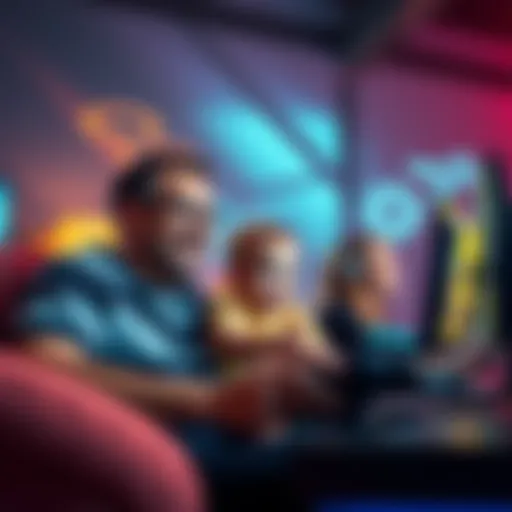 A father and his toddler enjoying a video game session with friends, showing teamwork and fun in Marathon