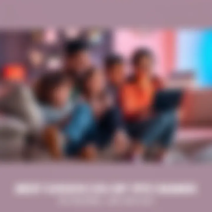 A family of four sitting on a couch, smiling and playing video games on a PC together, enjoying quality time with each other.