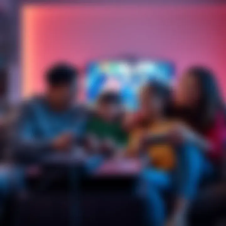 A family of four enjoying video games together on a couch, with a PlayStation console in the background, engaging in a fun and friendly atmosphere without split screens.