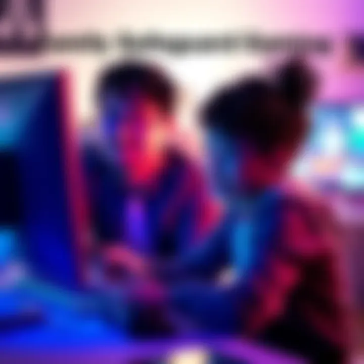 A parent setting game content filters on a computer while a child plays nearby, showing a safe gaming environment.