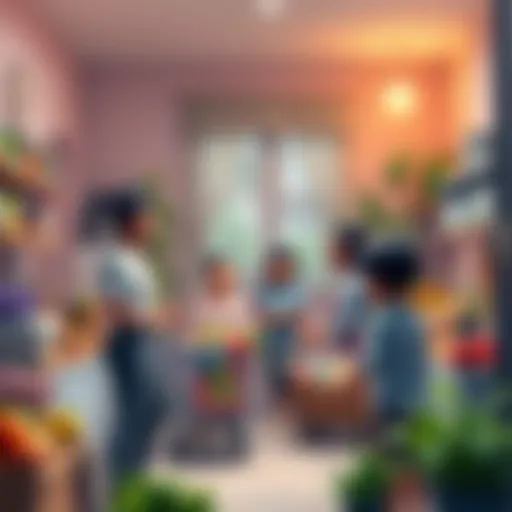 A realistic family scene showing characters shopping for groceries, cooking in a kitchen, and caring for a home, highlighting everyday activities.
