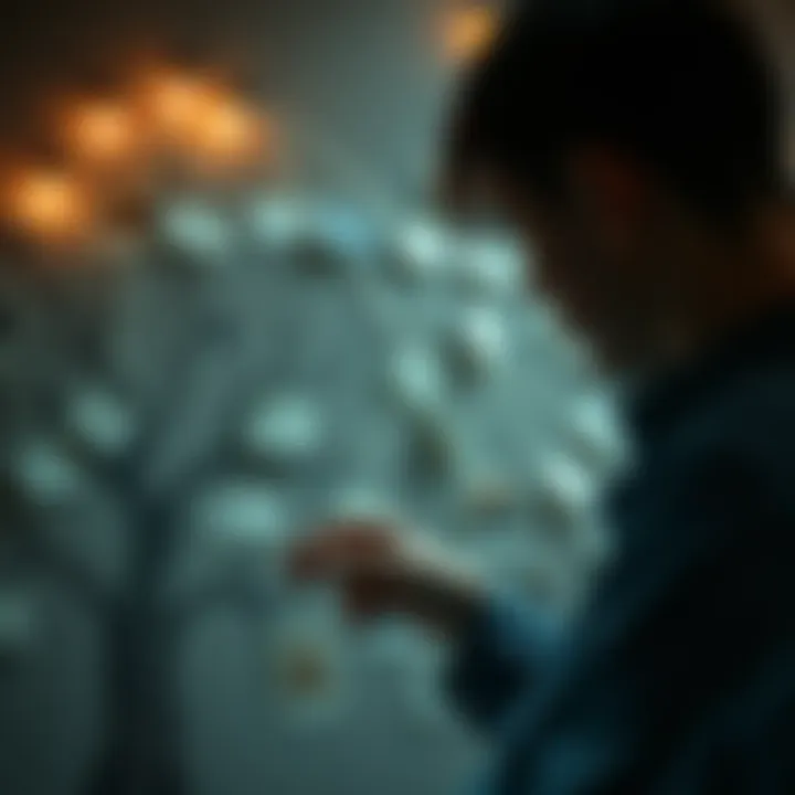 A person examining a family tree with photos and notes connected by strings, symbolizing family secrets and heir connections in 'The Roottrees are Dead'.