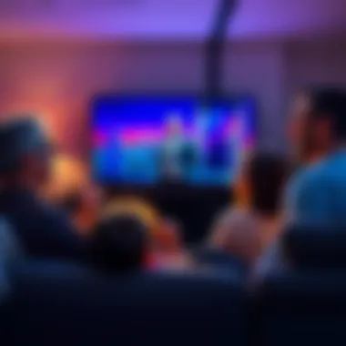 A family sitting together in a living room, laughing while watching a Hitman video game commercial on TV, highlighting their fun reactions.