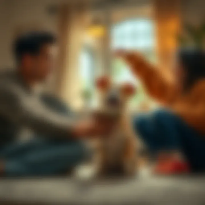 Family welcoming a new pet A family joyfully welcoming a new puppy into their home, surrounded by love and excitement.