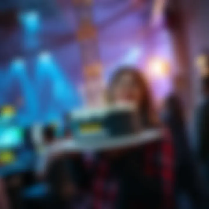 A fan holds a BIOSHOCK-themed cake, smiling with excitement at a gaming event, surrounded by decorations inspired by the game's underwater city.