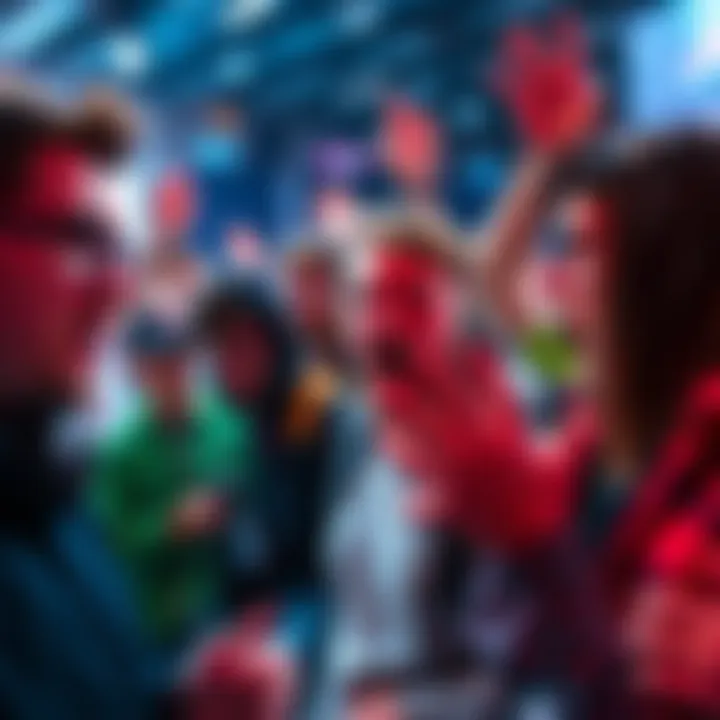 Group of gaming fans expressing anger over controversial game design choice at a gaming event