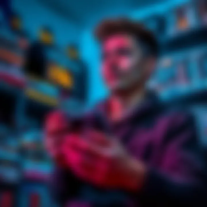 A gamer looks thoughtful while holding a game controller, reflecting on the idea of being a 'fake fan' due to not owning games, with shelves of games in the background.