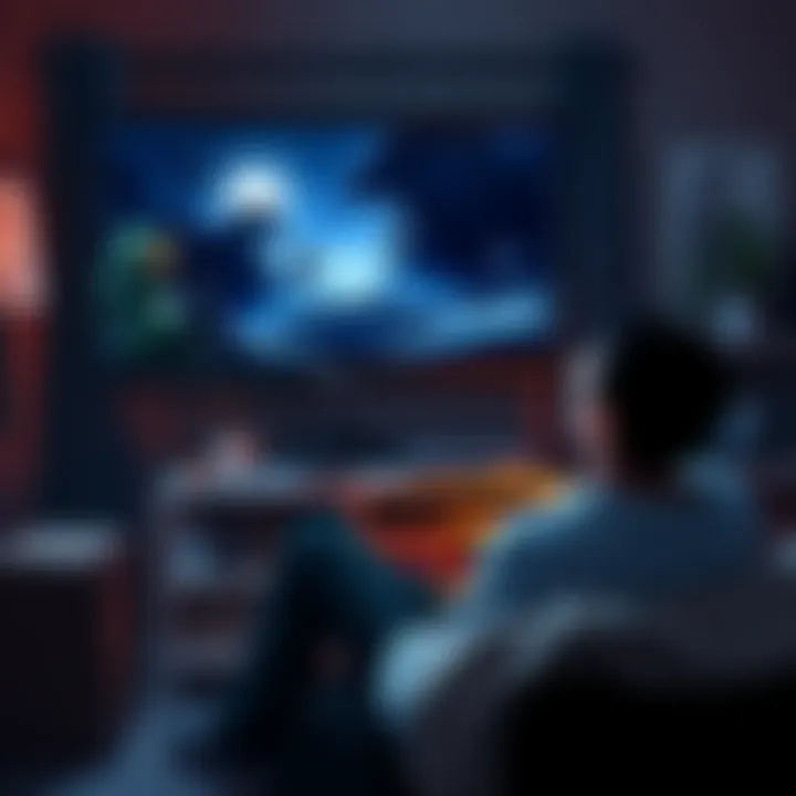 Fan reflecting on Bungie games A person sitting in a cozy room, surrounded by memorabilia from Bungie's games, looking thoughtfully at a screen showing a game scene from Halo, Destiny, and Marathon.