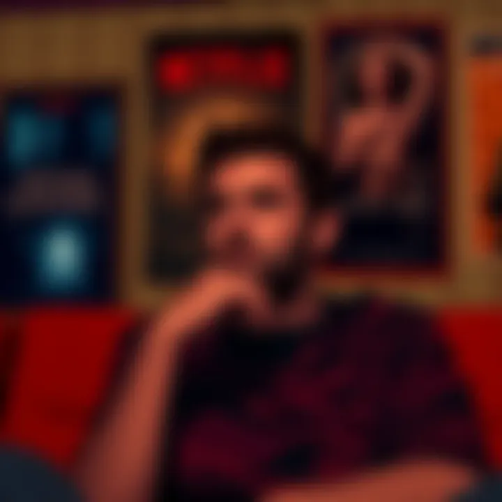 A fan watches Mike Flanagan's Netflix series with a thoughtful expression, surrounded by posters from 'House of Usher' and 'Midnight Mass'.