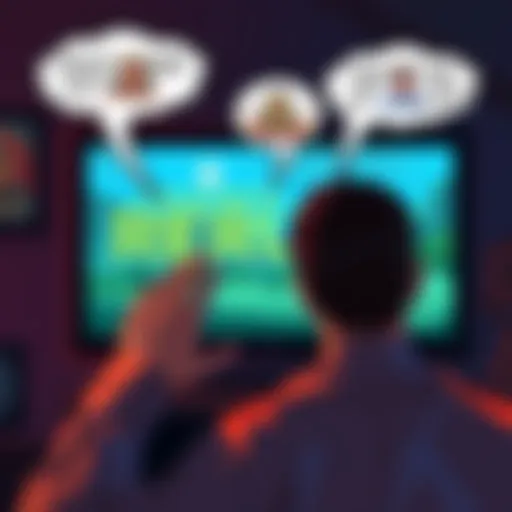A person looking frustrated at a screen showing reruns, with thought bubbles showing the Egyptian goddess and a collection of character figures.