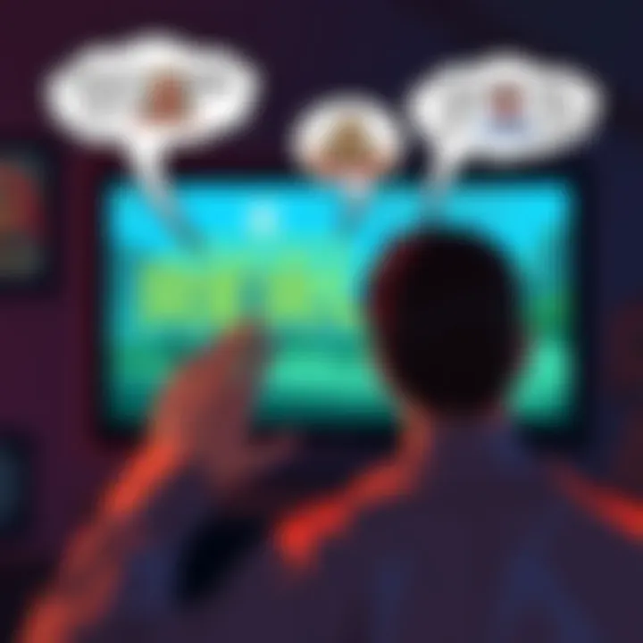 A person looking frustrated at a screen showing reruns, with thought bubbles showing the Egyptian goddess and a collection of character figures.