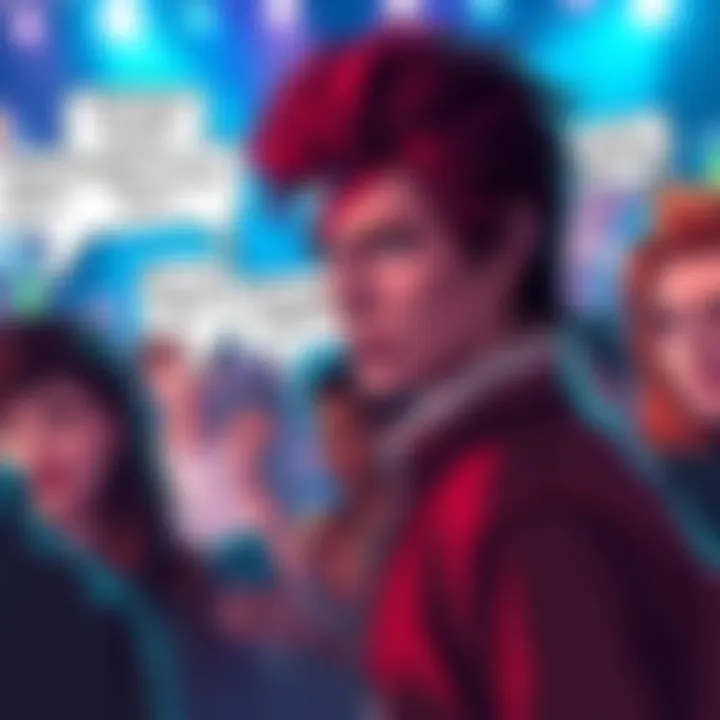 Discussion among fans about the race of a character inspired by David Bowie, featuring colorful artwork and text bubbles with opinions.