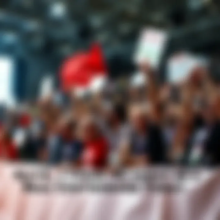 A crowd cheering enthusiastically at a competition, holding signs and banners to support a potential frontrunner.