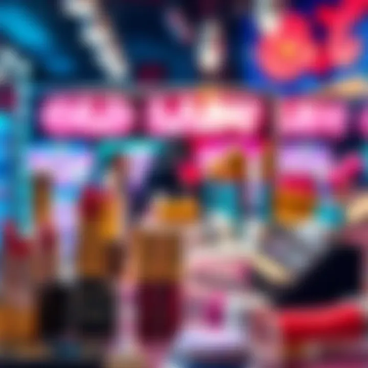 A display of colorful Old Lady themed cosmetics with various products like lipsticks and eyeshadows in fun packaging, attracting fans' attention