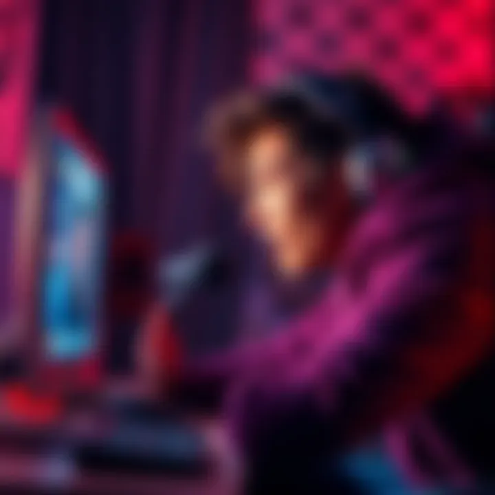 A young man leans dangerously close to his screen, captivated by streamer Alinity during a live broadcast, showing intense fandom.