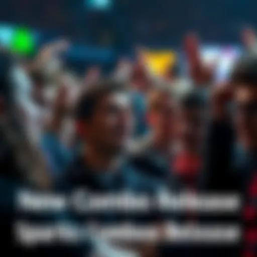 A crowd of fans discussing the new combo release with mixed expressions on their faces, showcasing excitement and disappointment.