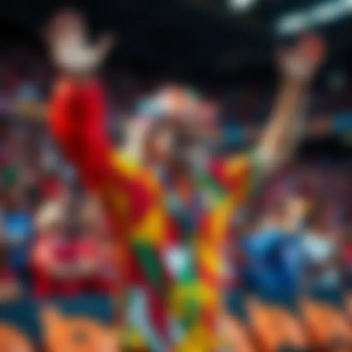 A lively fan, known as Speed, celebrates at the World Cup match, attracting attention with his energetic presence and colorful outfit.
