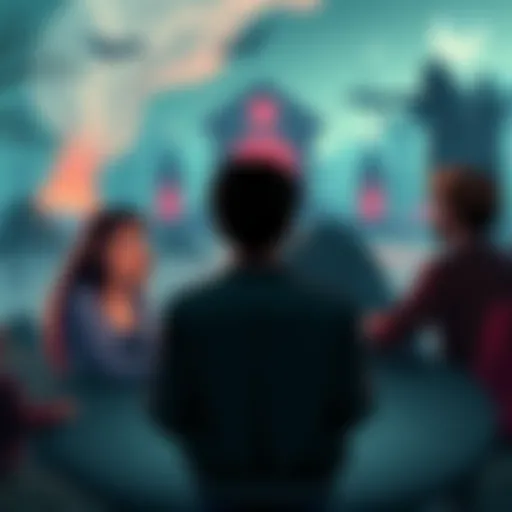 A group of friends discussing fan theories about the OXENFREE game, surrounded by elements from the game like eerie landscapes and supernatural symbols.
