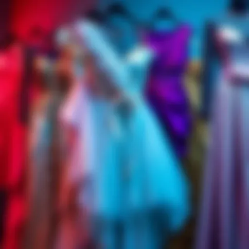 A collage of stylish fancy dresses in various colors and designs, showcasing different styles from formal to high fashion.