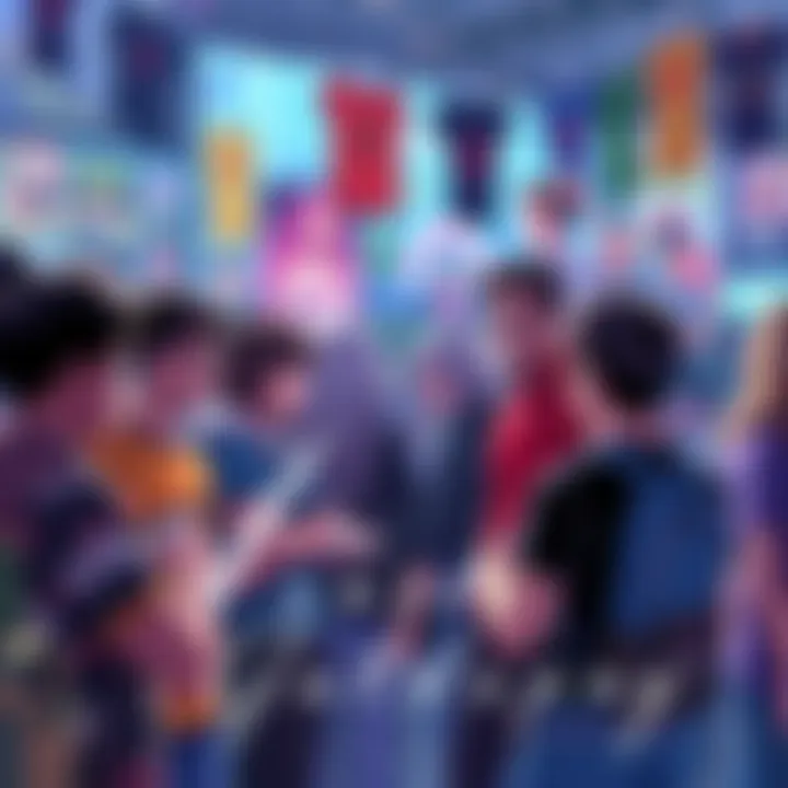 A group of fans engaging in discussions, surrounded by colorful merchandise and art related to their favorite series, showcasing the lively community spirit.