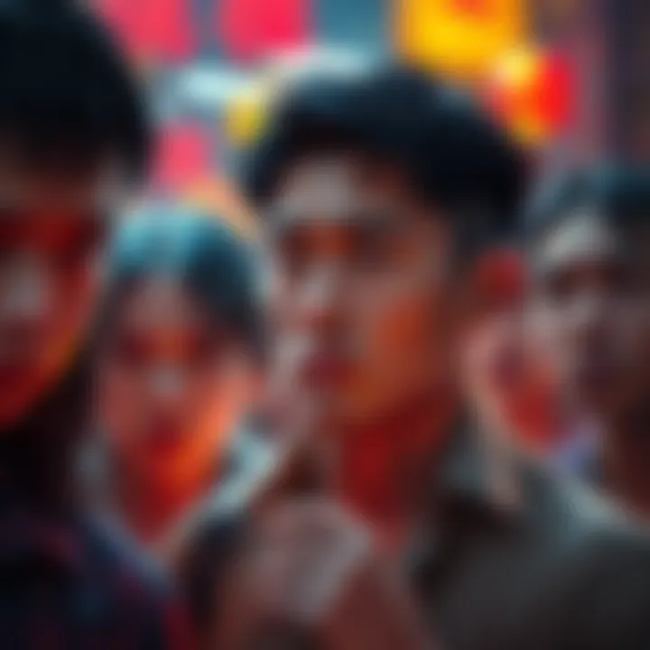 Fanfan looks worried while surrounded by concerned community members