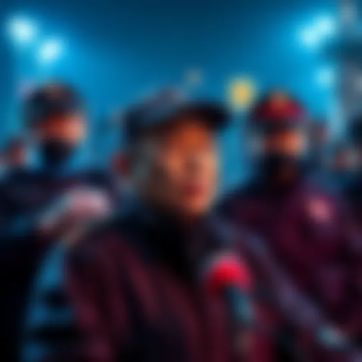 Fanfan silenced by police Fanfan speaking at a microphone with police officers standing nearby, looking serious and watchful.