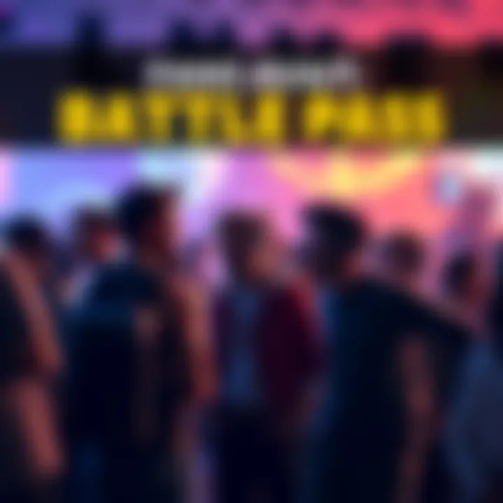 Group of excited fans discussing the return of the battle pass with game-themed backgrounds.