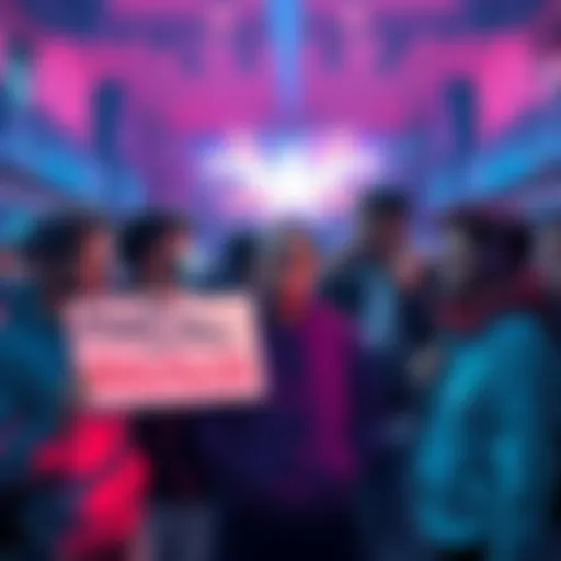 Group of fans discussing and expressing disappointment about the game during the anniversary event, showing signs and banners demanding the addition of a real killer character.