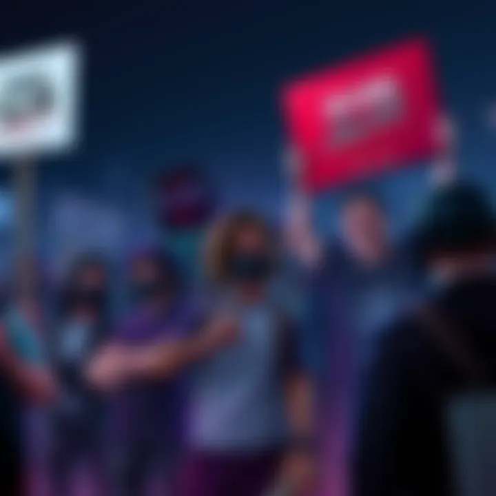 Group of gamers expressing frustration over Julian's absence in Dead by Daylight with signs and banners