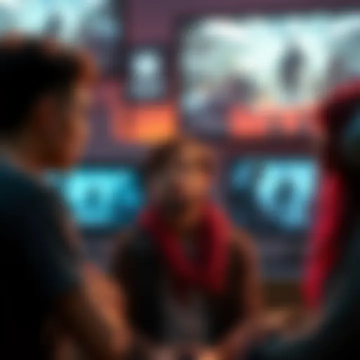 Group of fans looking frustrated while discussing the Inviz project, with screens showing scenes from Emergence in the background