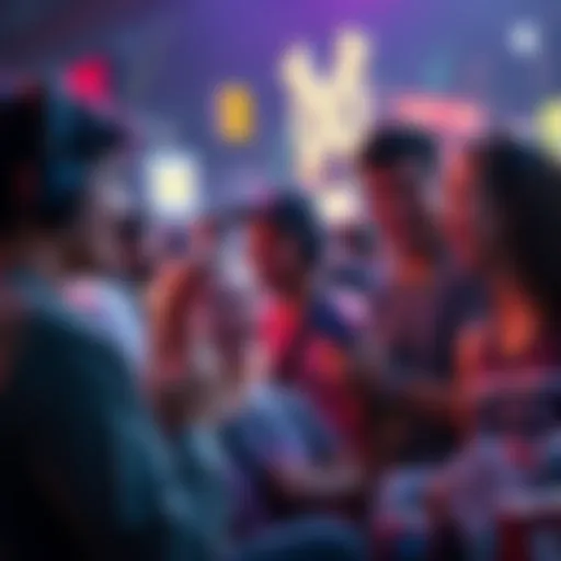 A group of fans engaging in a lively discussion about the return of 2v8, with excited expressions and various 2v8-themed merchandise around them