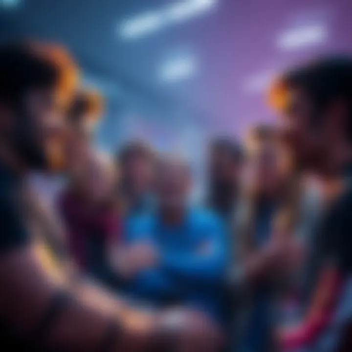 A group of fans gathered, excitedly talking about the future of Edgerunners after Season 2, showing various expressions of enthusiasm and curiosity.