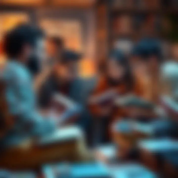 A group of fans engaging in lively discussion about lore details in a cozy setting, with books and laptops open.