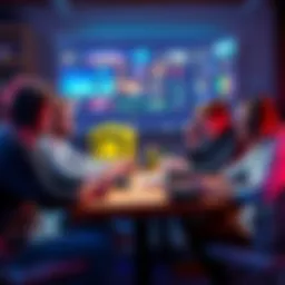 Fans discussing old video games Group of gamers passionately discussing their favorite classic video games while seated around a table filled with gaming consoles and snacks.