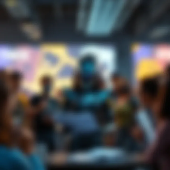 Fans discussing Symmetra skin concepts A diverse group of fans passionately debating various fan-made skin designs for the character Symmetra, with sketches and concepts displayed.