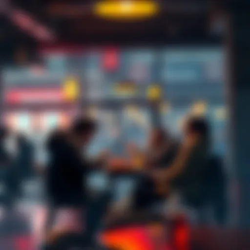 A group of fans engaging in a heated discussion about Xivu Arath's storyline at a local café.