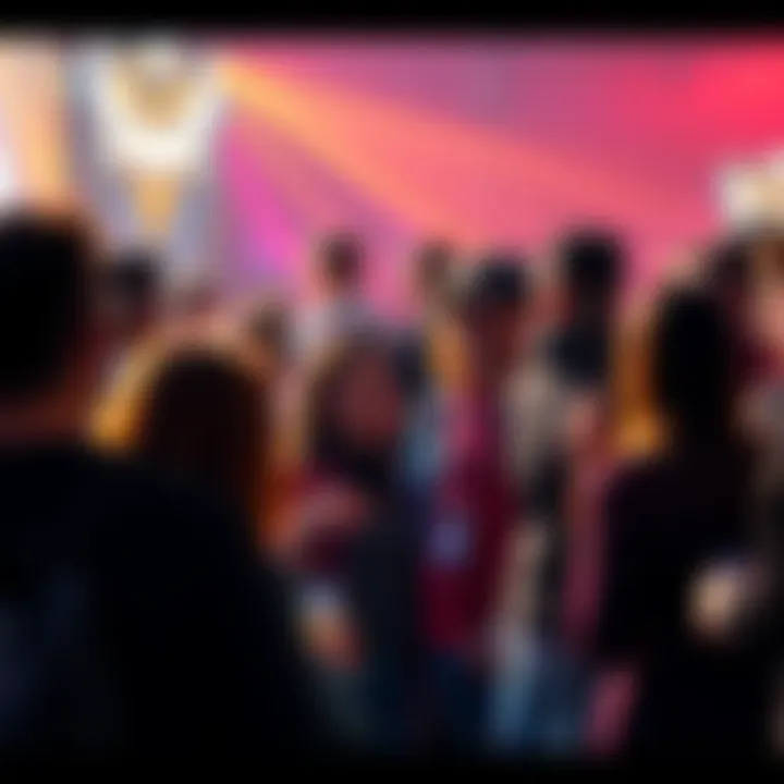 A group of fans excitedly sharing ideas about a mythic upgrade for a favorite character at an event.