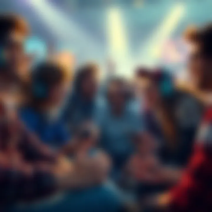 Group of gamers discussing a new spiritual PoP game with excitement and enthusiasm