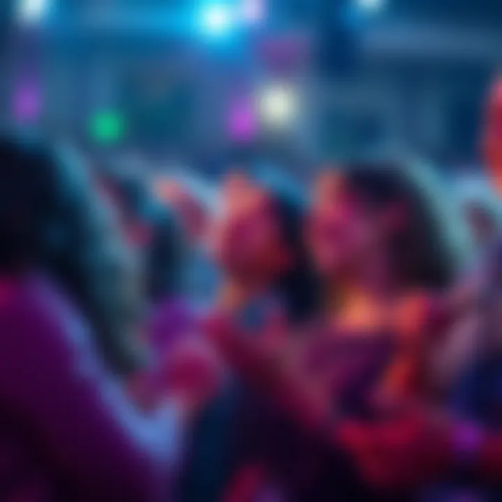 A group of fans sharing joyful moments during a live music performance, making eye contact and showing affection for the song