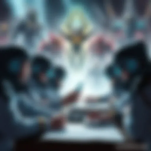 A group of gamers discussing creative concepts for the 100th Warframe on forums, with illustrations of various Warframe designs in the background.