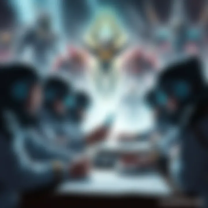 A group of gamers discussing creative concepts for the 100th Warframe on forums, with illustrations of various Warframe designs in the background.