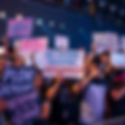 A group of enthusiastic fans holding signs that demand new merchandise after an event