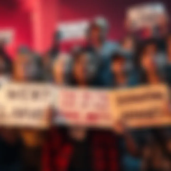 Group of fans expressing frustration over changes in a game adaptation, with signs showing their disappointment.