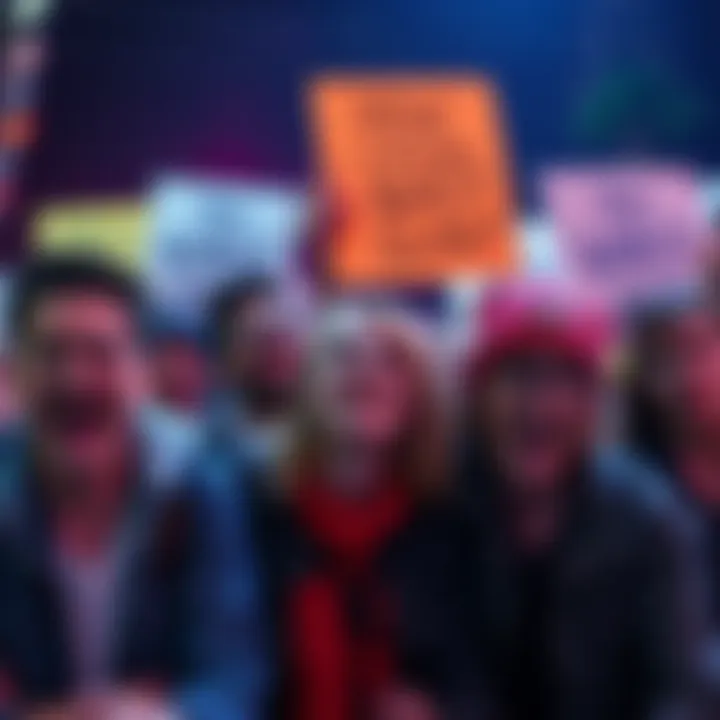 A group of upset fans expressing their disappointment over a movie with angry expressions and protest signs