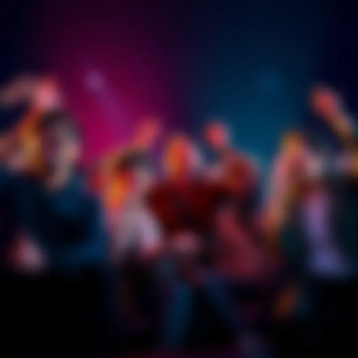 A group of excited fans discussing shocking moments from Overture's finale