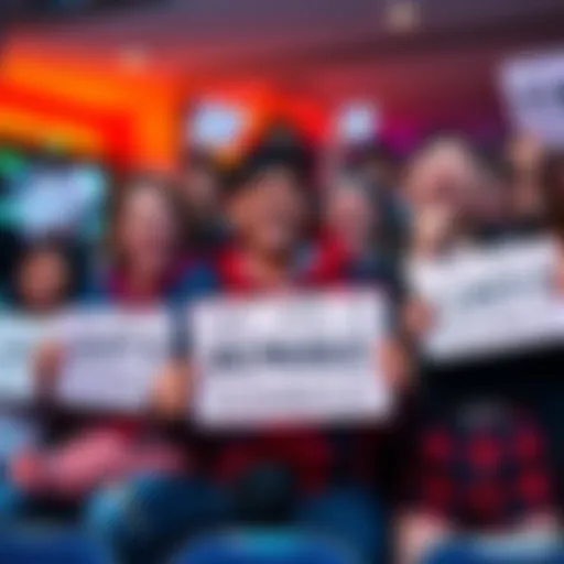 Fans reacting to remake complaints A group of fans laughing and sharing their thoughts on a remake, holding signs expressing their humorous complaints about the changes.