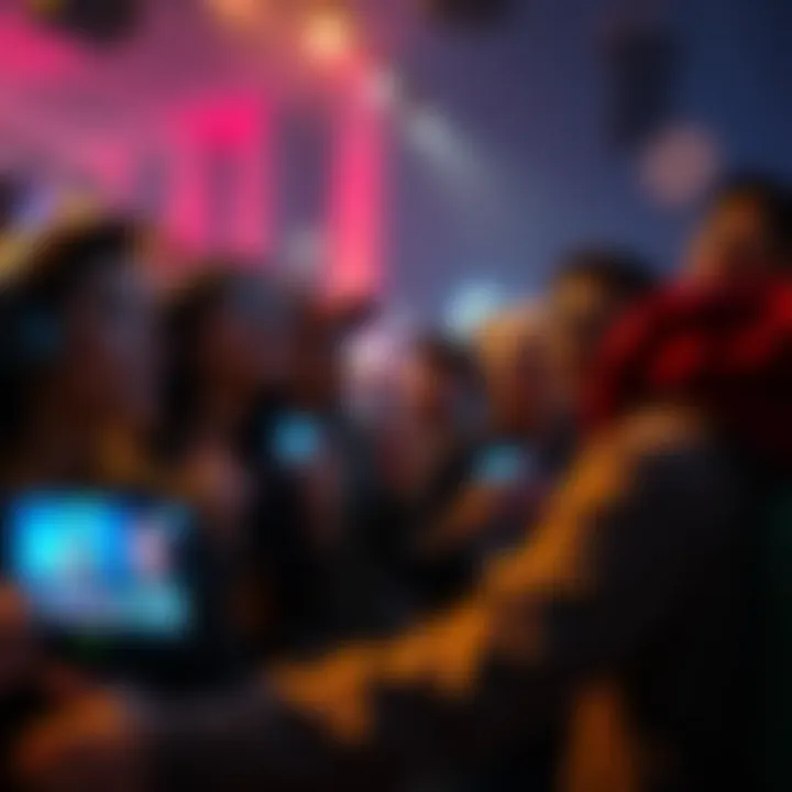 A group of excited fans looking at screens, speculating about an upcoming livestream event for an anniversary announcement.